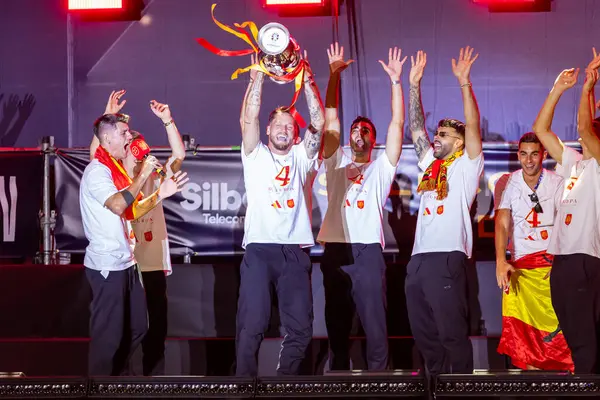 stock image Madrid, Spain- July 15, 2024: The Spanish soccer team celebrates in the Plaza de Cibeles as champions of Euro 2024. Winners of the Euro Cup. Festival of champions.