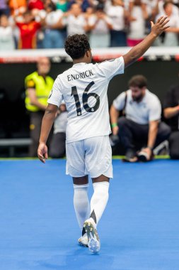 Madrid, Spain - July 27, 2024: Soccer player Endrick is presented at the Santiago Bernabeu as a new Real Madrid player. Brazilian crack. Endrick, Real Madrid player. clipart