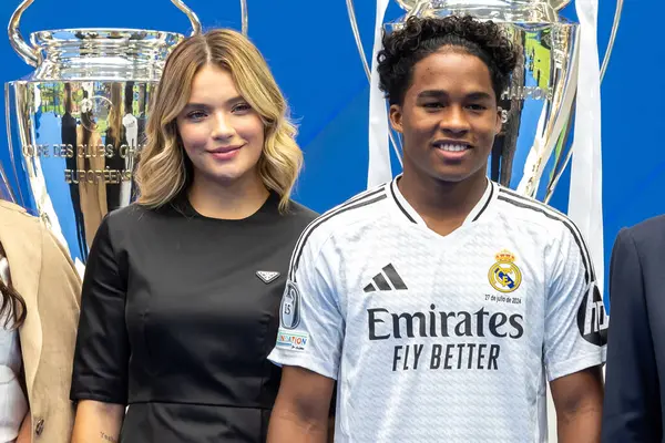 stock image Madrid, Spain - July 27, 2024: Soccer player Endrick is presented at the Santiago Bernabeu as a new Real Madrid player. Brazilian crack. Endrick, Real Madrid player.