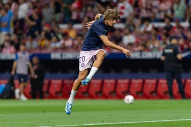 Madrid, İspanya - 25 Ağustos 2024: Atletico de Madrid ve Girona f.c. Liga 2024, 2025. Girona oyuncuları. Profesyonel futbol. İspanya Futbol Ligi.