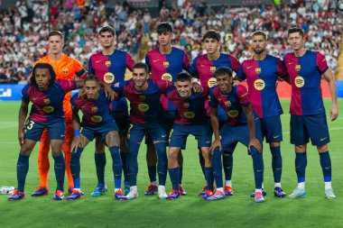Madrid, İspanya - 27 Ağustos 2024: Madrid 'de oynanan Rayo Vallecano ve FC Barcelona ligi maçı. FC Barcelona oyuncuları. Futbolcular.