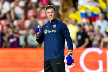 Madrid, İspanya - 27 Ağustos 2024: Madrid 'de oynanan Rayo Vallecano ve FC Barcelona ligi maçı. FC Barcelona oyuncuları. Futbolcular.