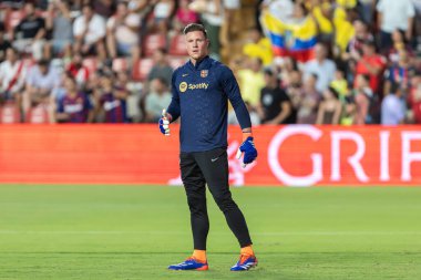 Madrid, İspanya - 27 Ağustos 2024: Madrid 'de oynanan Rayo Vallecano ve FC Barcelona ligi maçı. FC Barcelona oyuncuları. Futbolcular.