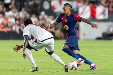 Madrid, İspanya - 27 Ağustos 2024: Madrid 'de oynanan Rayo Vallecano ve FC Barcelona ligi maçı. FC Barcelona oyuncuları. Futbolcular.