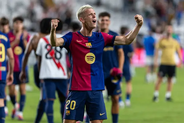 stock image Madrid, Spain - August 27, 2024: League match between Rayo Vallecano and FC Barcelona played in Madrid. Dani Olmo makes his debut with a goal in his debut match. Soccer players.