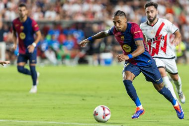 Madrid, İspanya - 27 Ağustos 2024: Madrid 'de oynanan Rayo Vallecano ve FC Barcelona ligi maçı. FC Barcelona oyuncuları. Futbolcular.