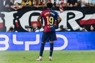 Madrid, İspanya - 27 Ağustos 2024: Madrid 'de oynanan Rayo Vallecano ve FC Barcelona ligi maçı. FC Barcelona oyuncuları. Futbolcular.