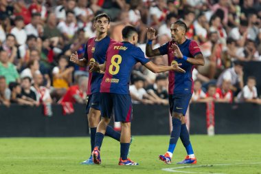 Madrid, İspanya - 27 Ağustos 2024: Madrid 'de oynanan Rayo Vallecano ve FC Barcelona ligi maçı. FC Barcelona oyuncuları. Futbolcular.