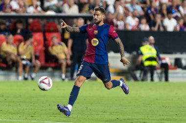 Madrid, İspanya - 27 Ağustos 2024: Madrid 'de oynanan Rayo Vallecano ve FC Barcelona ligi maçı. FC Barcelona oyuncuları. Futbolcular.