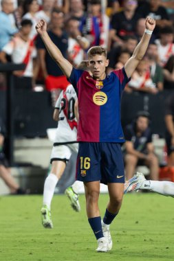 Madrid, İspanya - 27 Ağustos 2024: Madrid 'de oynanan Rayo Vallecano ve FC Barcelona ligi maçı. FC Barcelona oyuncuları. Futbolcular.