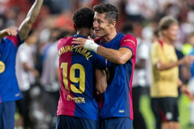 Madrid, İspanya - 27 Ağustos 2024: Madrid 'de oynanan Rayo Vallecano ve FC Barcelona ligi maçı. FC Barcelona oyuncuları. Futbolcular.