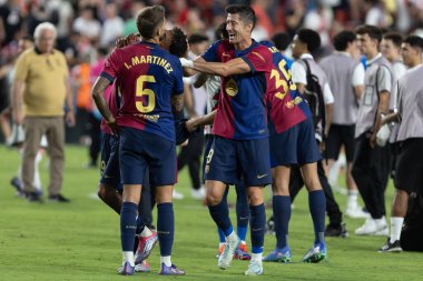 Madrid, İspanya - 27 Ağustos 2024: Madrid 'de oynanan Rayo Vallecano ve FC Barcelona ligi maçı. FC Barcelona oyuncuları. Futbolcular.