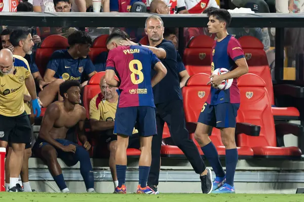 Madrid, İspanya - 27 Ağustos 2024: Madrid 'de oynanan Rayo Vallecano ve FC Barcelona ligi maçı. FC Barcelona oyuncuları. Futbolcular.
