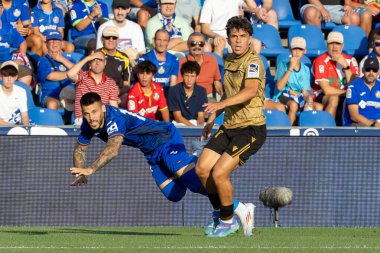 Madrid, İspanya - 31 Ağustos 2024: Getafe Fc ile Real Sociedad arasındaki lig maçı Madrid 'de oynandı. Getafe oyuncuları. Gerçek Sociedad oyuncuları. Profesyonel futbol. La Liga 2024, 2025.
