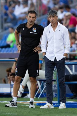 Madrid, İspanya - 31 Ağustos 2024: Getafe Fc ile Real Sociedad arasındaki lig maçı Madrid 'de oynandı. Getafe oyuncuları. Gerçek Sociedad oyuncuları. Profesyonel futbol. La Liga 2024, 2025.