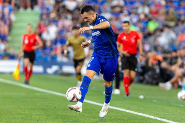 Madrid, İspanya - 31 Ağustos 2024: Getafe Fc ile Real Sociedad arasındaki lig maçı Madrid 'de oynandı. Getafe oyuncuları. Gerçek Sociedad oyuncuları. Profesyonel futbol. La Liga 2024, 2025.