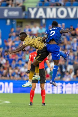 Madrid, İspanya - 31 Ağustos 2024: Getafe Fc ile Real Sociedad arasındaki lig maçı Madrid 'de oynandı. Getafe oyuncuları. Gerçek Sociedad oyuncuları. Profesyonel futbol. La Liga 2024, 2025.