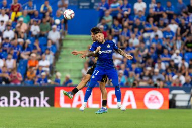 Madrid, İspanya - 31 Ağustos 2024: Getafe Fc ile Real Sociedad arasındaki lig maçı Madrid 'de oynandı. Getafe oyuncuları. Gerçek Sociedad oyuncuları. Profesyonel futbol. La Liga 2024, 2025.