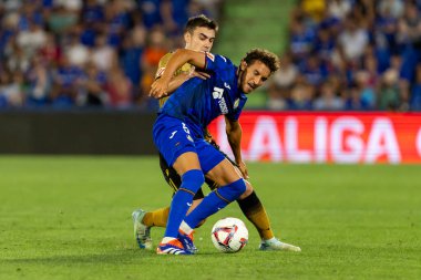 Madrid, İspanya - 31 Ağustos 2024: Getafe Fc ile Real Sociedad arasındaki lig maçı Madrid 'de oynandı. Getafe oyuncuları. Gerçek Sociedad oyuncuları. Profesyonel futbol. La Liga 2024, 2025.