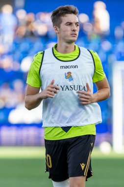 Madrid, İspanya - 31 Ağustos 2024: Getafe Fc ile Real Sociedad arasındaki lig maçı Madrid 'de oynandı. Getafe oyuncuları. Gerçek Sociedad oyuncuları. Profesyonel futbol. La Liga 2024, 2025.