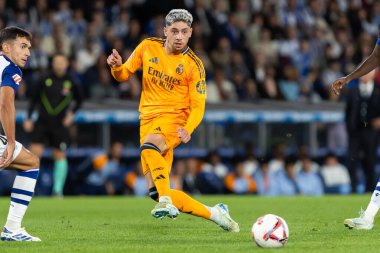 San Sebastian, İspanya - 14 Eylül 2024: Real Sociedad ve Real Madrid arasındaki lig maçı, San Sebastian 'da oynandı. Gerçek Madrid oyuncuları. Real Madrid turuncu forması.