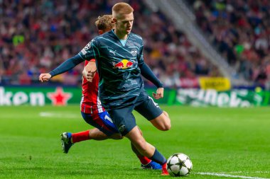 Madrid, İspanya - 19 Eylül 2024: Atletico de Madrid ile Leipzig arasında oynanan Şampiyonlar Ligi maçı. Leipzig oyuncuları. Şampiyonlar Ligi. Alman oyuncular.