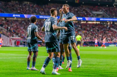 Madrid, İspanya - 19 Eylül 2024: Atletico de Madrid ile Leipzig arasında oynanan Şampiyonlar Ligi maçı. Leipzig oyuncuları. Şampiyonlar Ligi. Alman oyuncular.