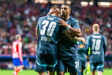 Madrid, İspanya - 19 Eylül 2024: Atletico de Madrid ile Leipzig arasında oynanan Şampiyonlar Ligi maçı. Leipzig oyuncuları. Şampiyonlar Ligi. Alman oyuncular.