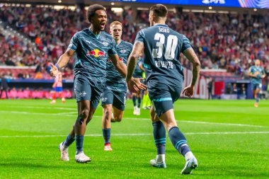 Madrid, İspanya - 19 Eylül 2024: Atletico de Madrid ile Leipzig arasında oynanan Şampiyonlar Ligi maçı. Leipzig oyuncuları. Şampiyonlar Ligi. Alman oyuncular.