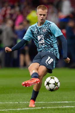 Madrid, İspanya - 19 Eylül 2024: Atletico de Madrid ile Leipzig arasında oynanan Şampiyonlar Ligi maçı. Leipzig oyuncuları. Şampiyonlar Ligi. Alman oyuncular.