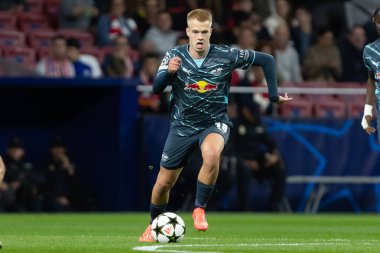 Madrid, İspanya - 19 Eylül 2024: Atletico de Madrid ile Leipzig arasında oynanan Şampiyonlar Ligi maçı. Leipzig oyuncuları. Şampiyonlar Ligi. Alman oyuncular.