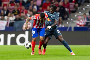 Madrid, İspanya - 19 Eylül 2024: Atletico de Madrid ile Leipzig arasında oynanan Şampiyonlar Ligi maçı. Leipzig oyuncuları. Şampiyonlar Ligi. Alman oyuncular.