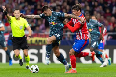 Madrid, İspanya - 19 Eylül 2024: Atletico de Madrid ile Leipzig arasında oynanan Şampiyonlar Ligi maçı. Leipzig oyuncuları. Şampiyonlar Ligi. Alman oyuncular.