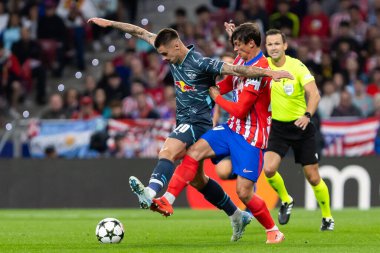 Madrid, İspanya - 19 Eylül 2024: Atletico de Madrid ile Leipzig arasında oynanan Şampiyonlar Ligi maçı. Leipzig oyuncuları. Şampiyonlar Ligi. Alman oyuncular.
