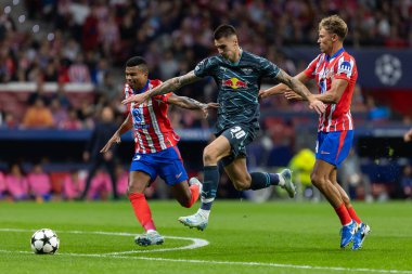 Madrid, İspanya - 19 Eylül 2024: Atletico de Madrid ile Leipzig arasında oynanan Şampiyonlar Ligi maçı. Leipzig oyuncuları. Şampiyonlar Ligi. Alman oyuncular.