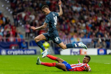 Madrid, İspanya - 19 Eylül 2024: Atletico de Madrid ile Leipzig arasında oynanan Şampiyonlar Ligi maçı. Leipzig oyuncuları. Şampiyonlar Ligi. Alman oyuncular.