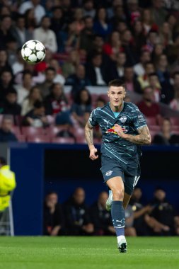 Madrid, İspanya - 19 Eylül 2024: Atletico de Madrid ile Leipzig arasında oynanan Şampiyonlar Ligi maçı. Leipzig oyuncuları. Şampiyonlar Ligi. Alman oyuncular.