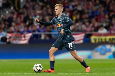 Madrid, İspanya - 19 Eylül 2024: Atletico de Madrid ile Leipzig arasında oynanan Şampiyonlar Ligi maçı. Leipzig oyuncuları. Şampiyonlar Ligi. Alman oyuncular.