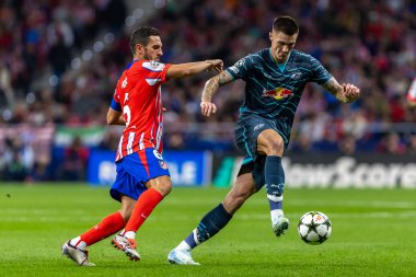 Madrid, İspanya - 19 Eylül 2024: Atletico de Madrid ile Leipzig arasında oynanan Şampiyonlar Ligi maçı. Leipzig oyuncuları. Şampiyonlar Ligi. Alman oyuncular.