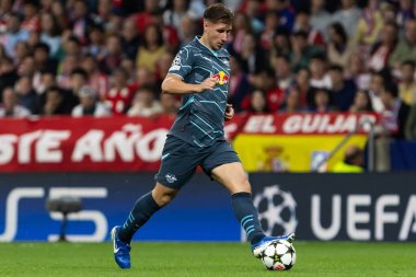 Madrid, İspanya - 19 Eylül 2024: Atletico de Madrid ile Leipzig arasında oynanan Şampiyonlar Ligi maçı. Leipzig oyuncuları. Şampiyonlar Ligi. Alman oyuncular.