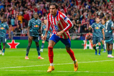 Madrid, İspanya - 19 Eylül 2024: Atletico de Madrid ile Leipzig arasında oynanan Şampiyonlar Ligi maçı. Atletico de Madrid oyuncuları. Şampiyonlar Ligi. Avrupa futbolu.
