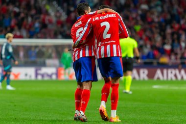 Madrid, İspanya - 19 Eylül 2024: Atletico de Madrid ile Leipzig arasında oynanan Şampiyonlar Ligi maçı. Atletico de Madrid oyuncuları. Şampiyonlar Ligi. Avrupa futbolu.