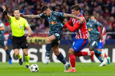 Madrid, İspanya - 19 Eylül 2024: Atletico de Madrid ile Leipzig arasında oynanan Şampiyonlar Ligi maçı. Atletico de Madrid oyuncuları. Şampiyonlar Ligi. Avrupa futbolu.