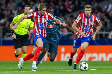 Madrid, İspanya - 19 Eylül 2024: Atletico de Madrid ile Leipzig arasında oynanan Şampiyonlar Ligi maçı. Atletico de Madrid oyuncuları. Şampiyonlar Ligi. Avrupa futbolu.