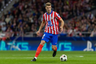 Madrid, İspanya - 19 Eylül 2024: Atletico de Madrid ile Leipzig arasında oynanan Şampiyonlar Ligi maçı. Atletico de Madrid oyuncuları. Şampiyonlar Ligi. Avrupa futbolu.