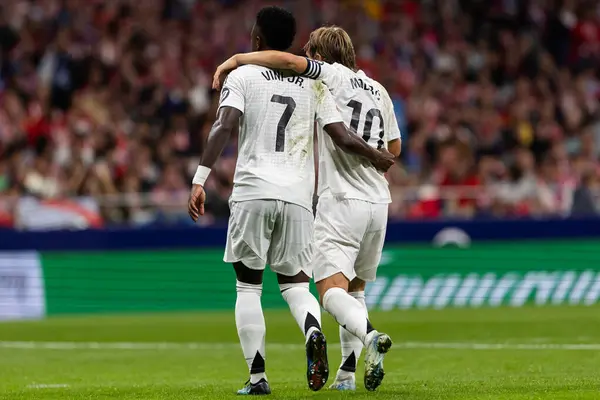 stock image Madrid, Spain- September 29, 2024: League match between Atletico de Madrid and Real Madrid in the Spanish capital. Real Madrid players. Liga2024 2025. Capital derby