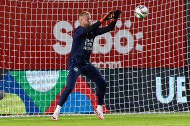 Murcia, İspanya - 12 Ekim 2024: UEFA Uluslar Ligi ön eleme maçı İspanya milli takımı ile Danimarka arasında yapıldı. Danimarka milli takımının oyuncuları. Danimarka hayranları..