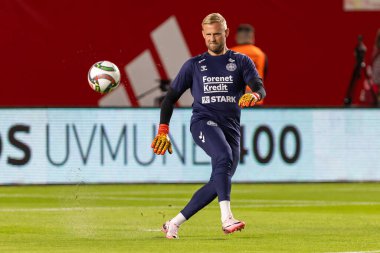 Murcia, İspanya - 12 Ekim 2024: UEFA Uluslar Ligi ön eleme maçı İspanya milli takımı ile Danimarka arasında yapıldı. Danimarka milli takımının oyuncuları. Danimarka hayranları..