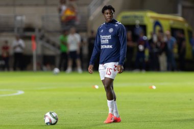 Murcia, İspanya - 12 Ekim 2024: UEFA Uluslar Ligi ön eleme maçı İspanya milli takımı ile Danimarka arasında yapıldı. Danimarka milli takımının oyuncuları. Danimarka hayranları..