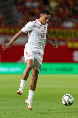 Murcia, İspanya - 12 Ekim 2024: UEFA Uluslar Ligi ön eleme maçı İspanya milli takımı ile Danimarka arasında yapıldı. Danimarka milli takımının oyuncuları. Danimarka hayranları..